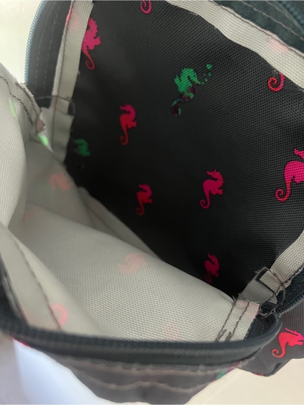 Jansport Dark Gray Backpack with Pink & Green Seahorse Motif - Picture 2 of 4